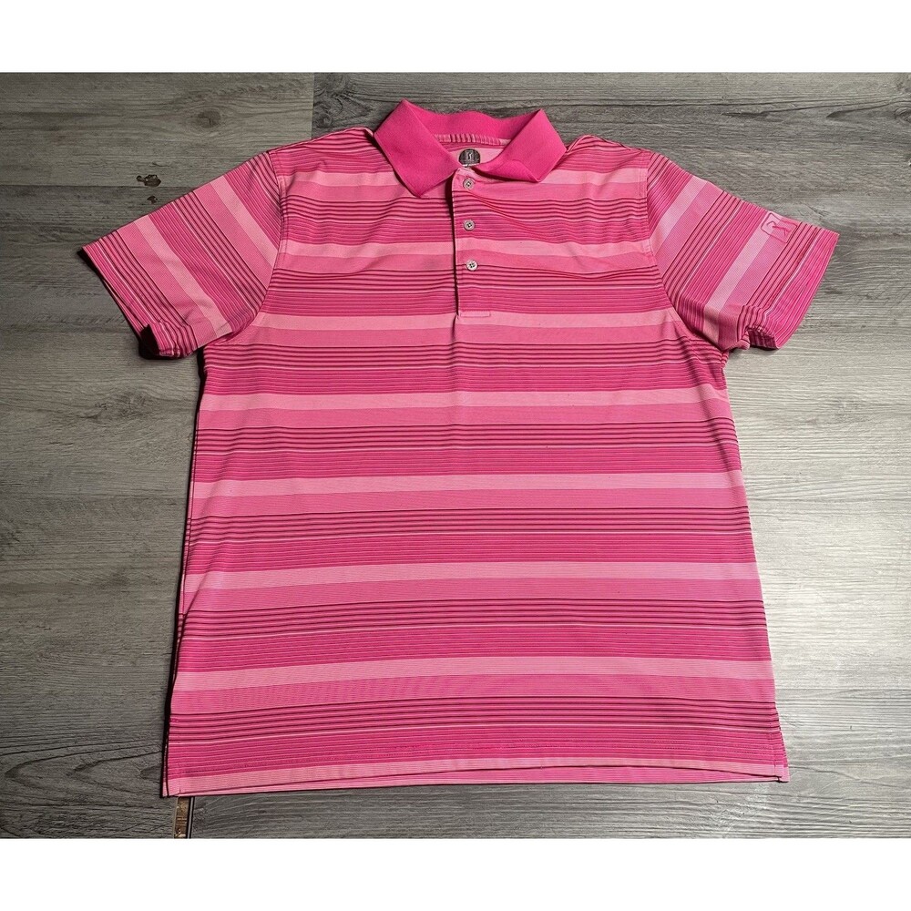 PGATourPro Series Mens Pink Striped Short S Polo Golf Shirt Athletic Sz L/M